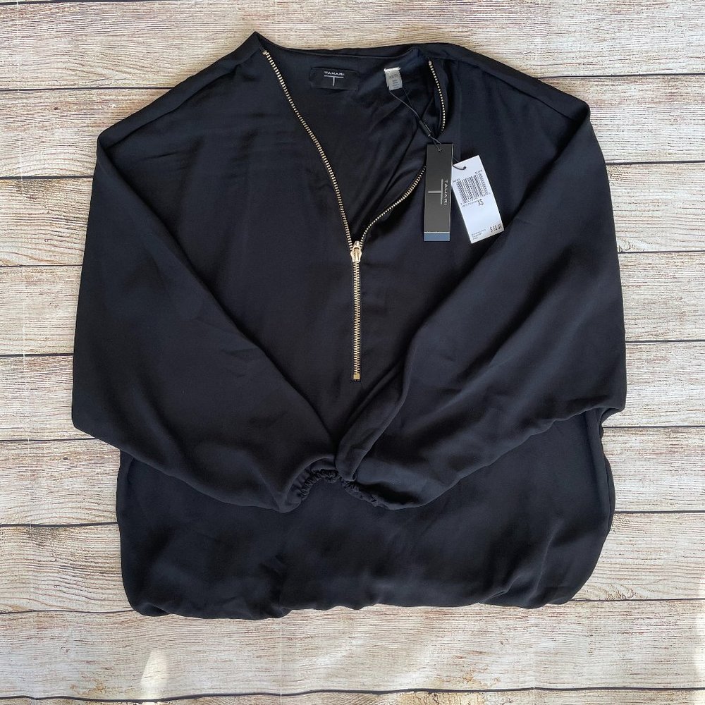 Tahari Women's Black Long-sleeved Blouse With Gold Zipper Size XSmall XS